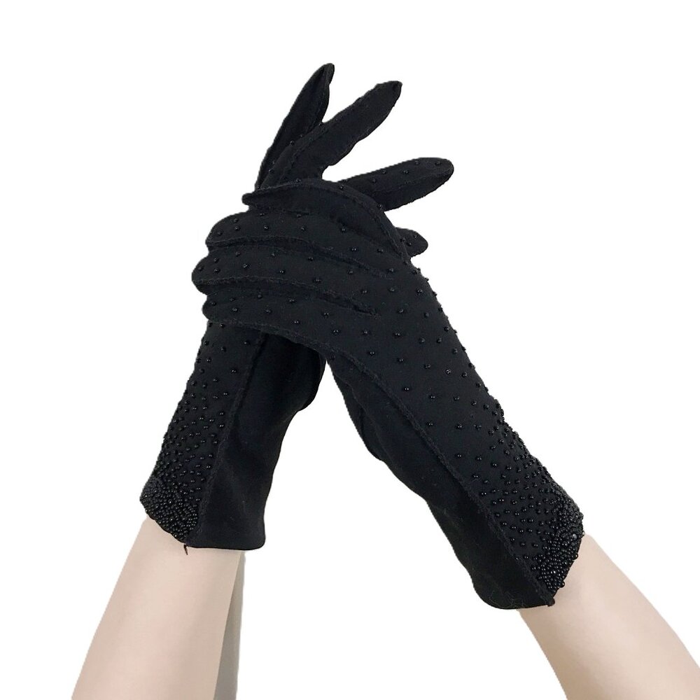 Vintage 60s Beaded Gloves Black Cotton Formal beads
